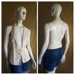 Crocheted Halter Tie-Front Top in Light Beige